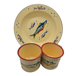 Vintage April Cornell Rainbow Fish Bowl Cups Yellow Red Enamelware